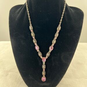 Avon Silver Plate Pink Cabochon Y drop Rhinestone Necklace Vintage